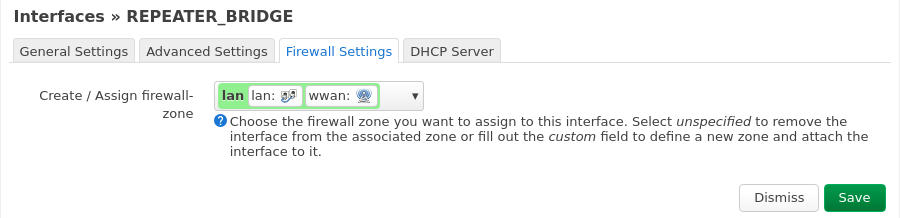 Configuración de firewall en el puente entre lan y wwan del router repetidor OpenWrt