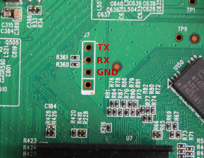 Conexiones RX, TX y GND del CP2102 para puerto serie en el TP Link TD-W8970 v1.2