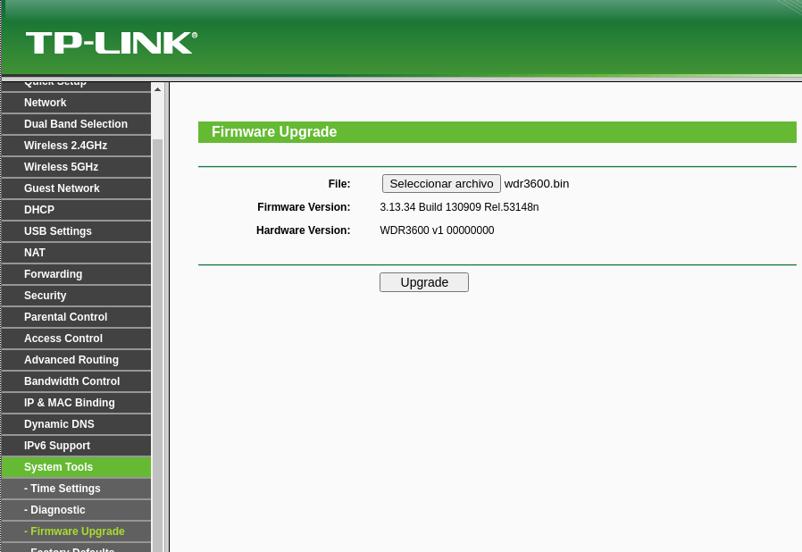 Página para actualizar el firmware del TP Link TL-WDR3600
