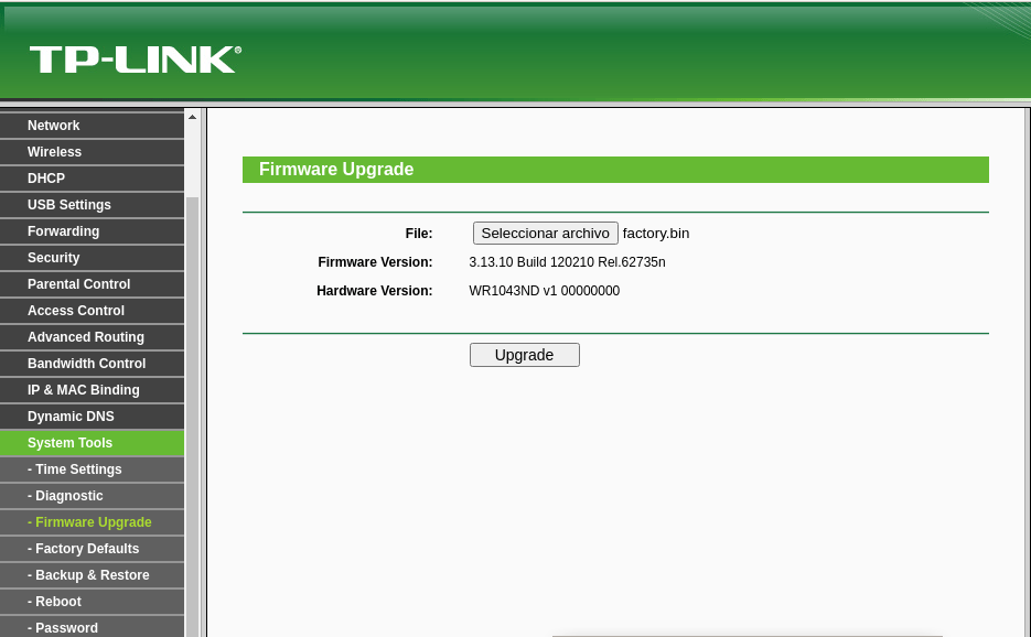 Página para actualizar el firmware del TP Link TL-WR1043ND